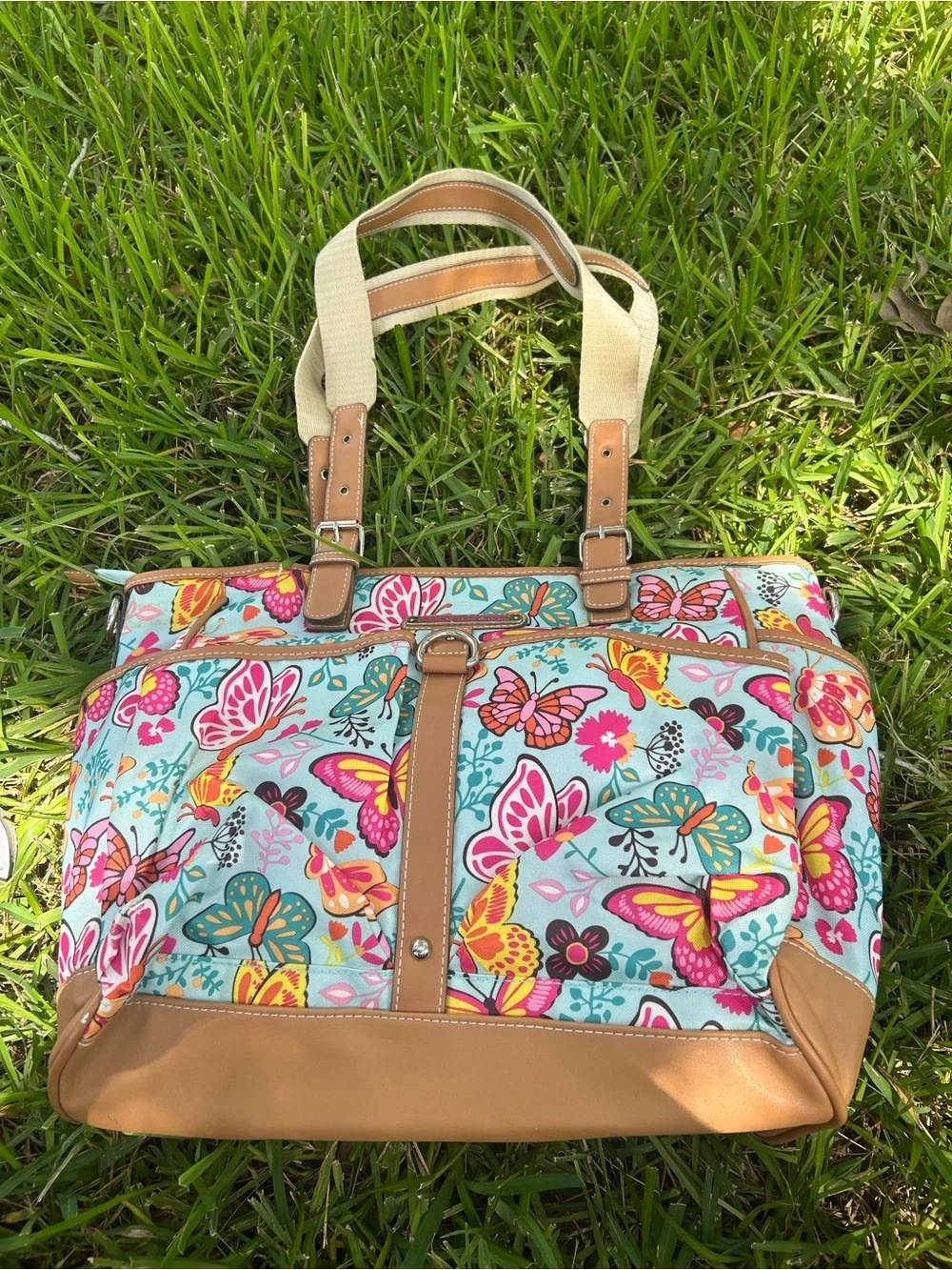 Lily Bloom Butterfly Print Tote in Blue, Pink & Tan